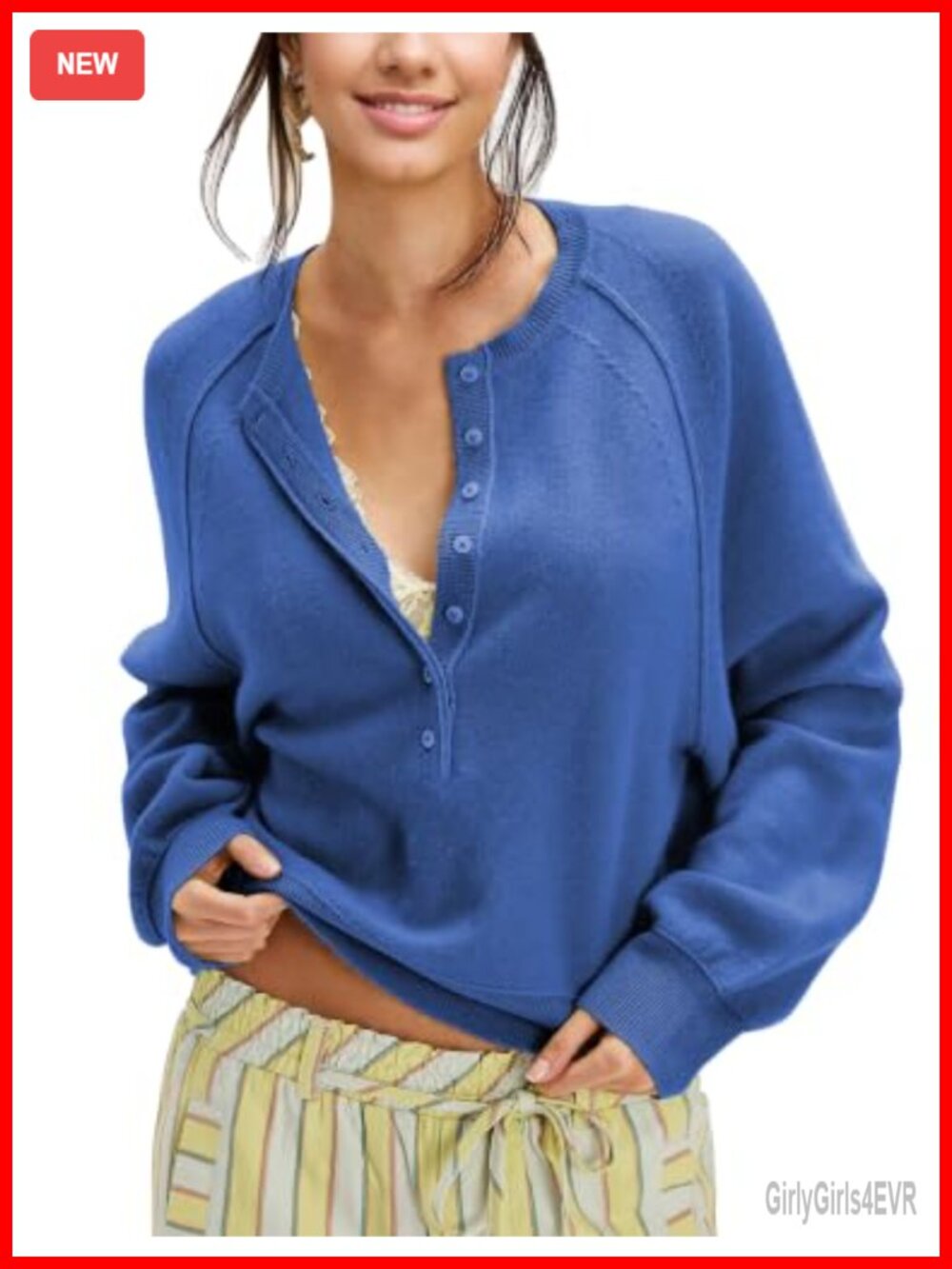 Womens Half Button Sweater Henley Neck Pullover Top